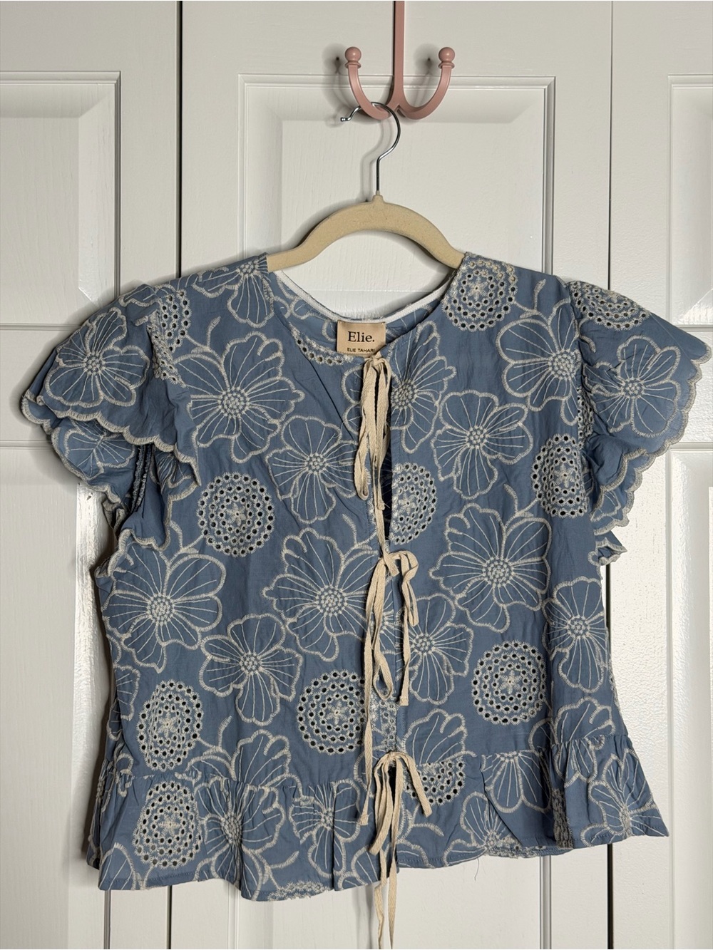 Blue Floral Eyelet Tie-Front Top